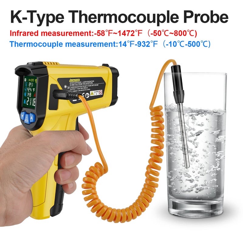 Temirup Infrared Thermometer Gun, Non Contact Digital Laser Temperature Gun with K-Probe for Industrial, Cooking, Griddle,Engine, HVAC, Humidity,Adjustable Emissivity -58°F to 1472°F(-50~800°C) - Image 3